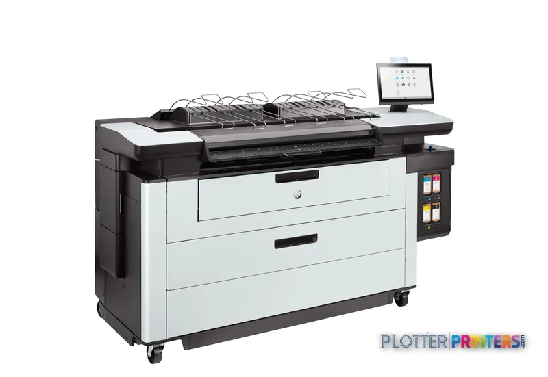HP PageWide XL Pro 5200 front-right view showing grey and white multifunction printer with output tray and control panel