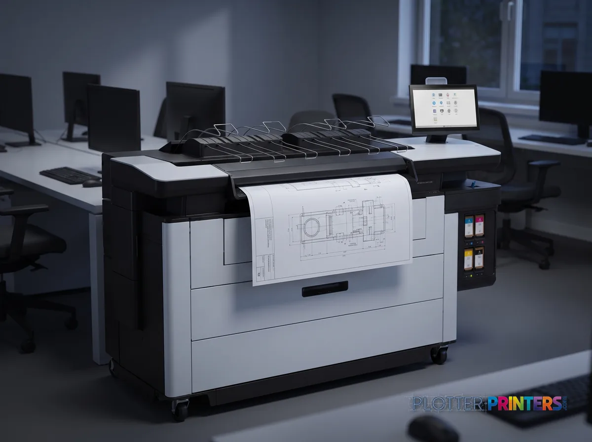 HP PageWide XL Pro 5200 MFP Printer in an engineering office with a technical drawing at its print slot (staged scene from manufacturer product photography)