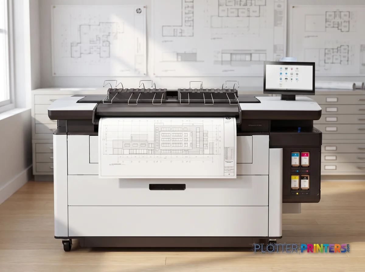 HP PageWide XL Pro 5200 MFP Printer in a plan room beside flat-file drawers, printing a CAD elevation (staged scene from manufacturer product photography)