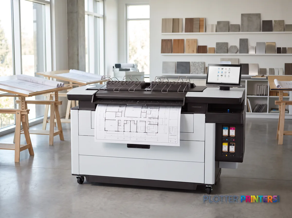 HP PageWide XL Pro 5200 MFP Printer in a bright architecture studio, printing a large floor plan (staged scene from manufacturer product photography)