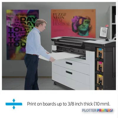 HP PageWide XL Pro 8200 multifunction printer with operator loading media, colorful posters visible on wall behind