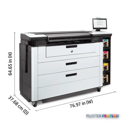 HP PageWide XL Pro 8200 multifunction printer with annotated dimensions showing width, depth, and height measurements
