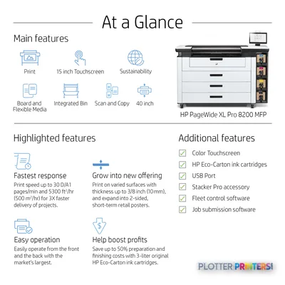 HP PageWide XL Pro 8200 MFP Printer annotated view showing main features including 15-inch touchscreen, integrated bin, and…