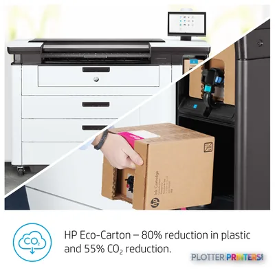 HP PageWide XL Pro 8200 multifunction printer with annotated view showing ink cartridge system and eco-friendly packaging