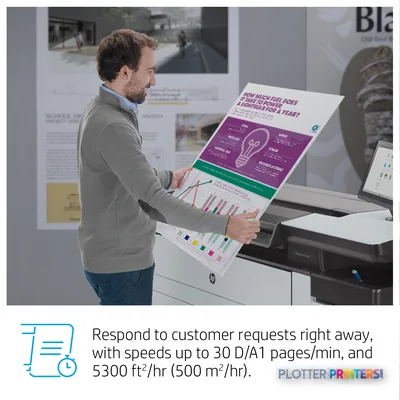 HP PageWide XL Pro 8200 printer with man holding large colorful printed document showing charts and data