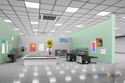 HP PageWide XL Pro 8200 lifestyle image showing the printer in a modern print room with colorful posters on walls