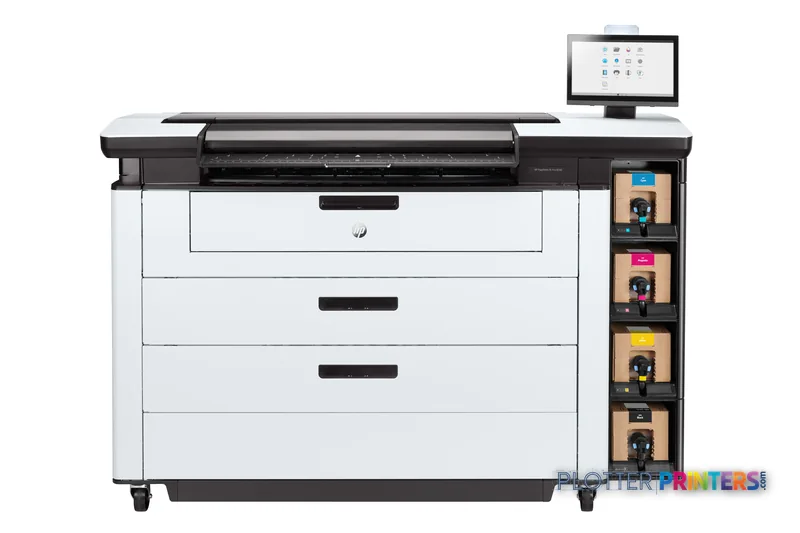 HP PageWide XL Pro 8200 front-center view showing black and white multifunction printer with paper drawers and touchscreen d…