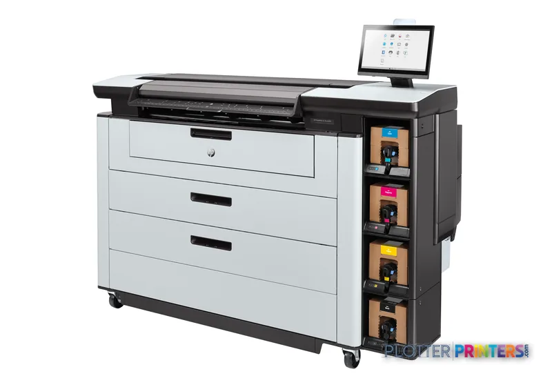 HP PageWide XL Pro 8200 front-left view showing white and black multifunction printer with paper trays and ink cartridge sta…
