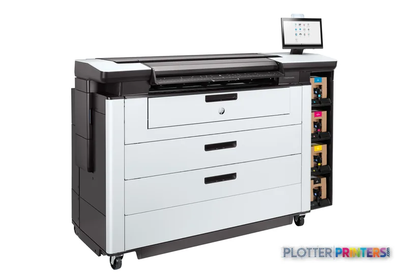 HP PageWide XL Pro 8200 front-right view showing black and white multifunction printer with paper drawers and touch screen