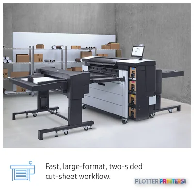HP PageWide XL Pro 10000 40-in Printer annotated view showing grey and white printer with output trays and supply storage