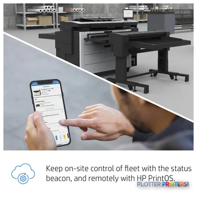 HP PageWide XL Pro 10000 feature callout showing mobile device displaying printer status and control interface