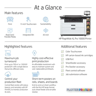 HP PageWide XL Pro 10000 Printer annotated feature callout showing main features including 15 inch touchscreen, 40 inch widt…