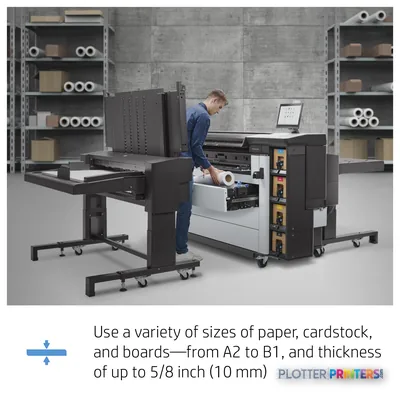 HP PageWide XL Pro 10000 40-in Printer annotated view showing operator loading paper into the grey and white inkjet printer