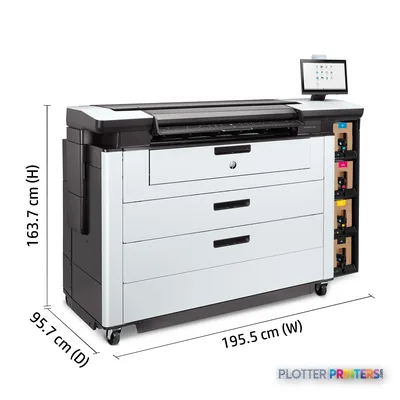 HP PageWide XL Pro 10000 40-in Printer annotated view showing grey and white printer with touch screen and ink cartridges