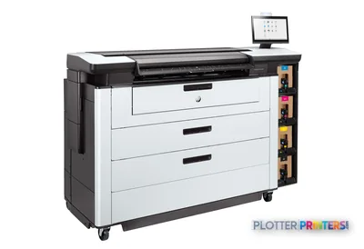 HP PageWide XL Pro 10000 40-in Printer front-right view showing grey and white body with paper drawers and control touchscre…
