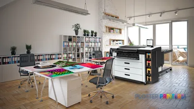 HP PageWide XL Pro 10000 40-in Printer lifestyle image showing the grey and white printer in a modern office workspace with…