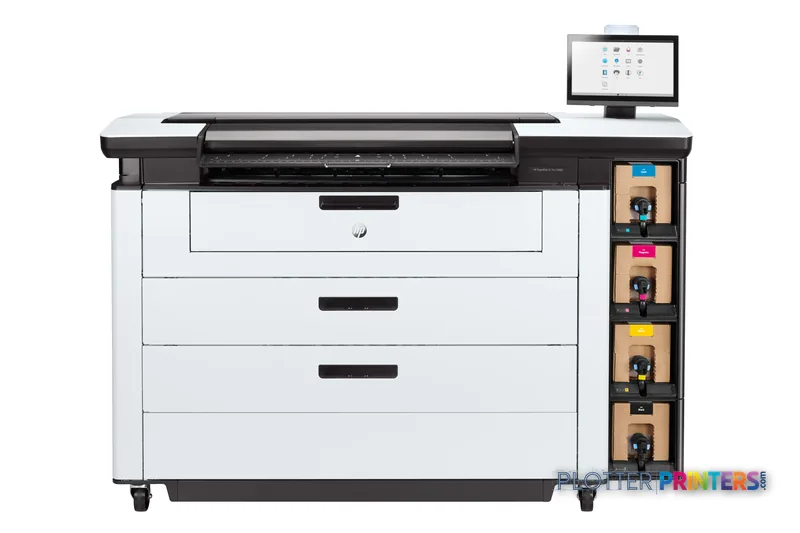 HP PageWide XL Pro 10000 40-in Printer front-center view showing grey and white chassis with paper drawers and integrated in…
