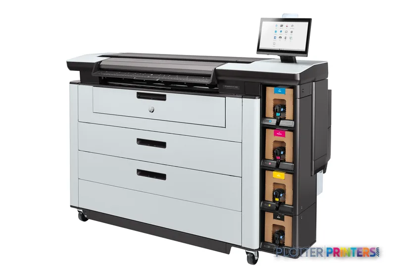 HP PageWide XL Pro 10000 40-in Printer front-left view showing grey and white body with paper drawers and ink cartridge stat…