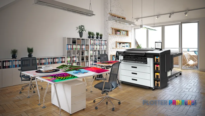 HP PageWide XL Pro 10000 40-in Printer lifestyle image showing the grey and white printer in a modern office workspace with…