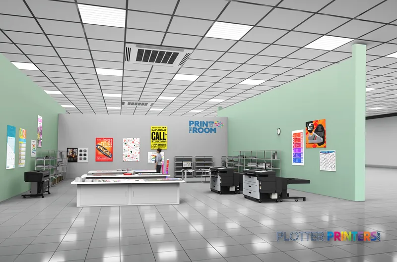 HP PageWide XL Pro 10000 40-in Printer lifestyle image showing the grey and white printer in a modern print room with colorf…