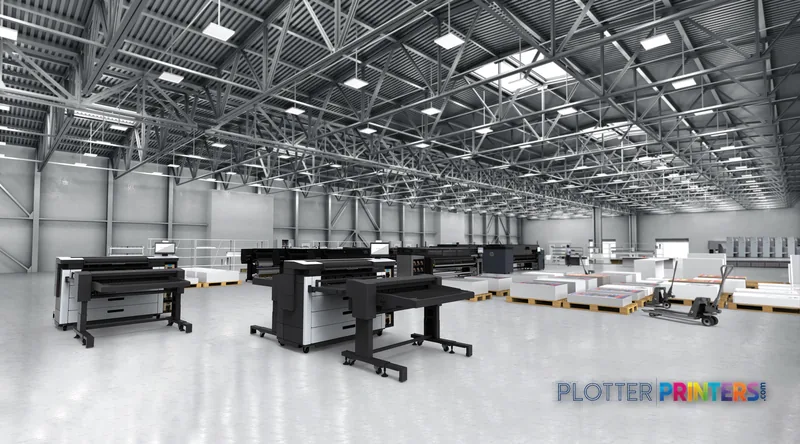 HP PageWide XL Pro 10000 40-in Printer lifestyle image showing multiple large-format printers in an industrial warehouse set…