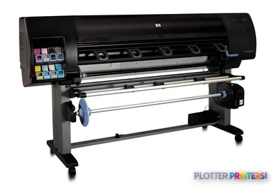 HP Designjet Q6654A large-format printer product image showing black printer head with control panel and dual feed rollers o…