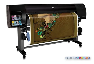 HP Designjet Q6654A large-format printer with colorful floral design printing on roll media