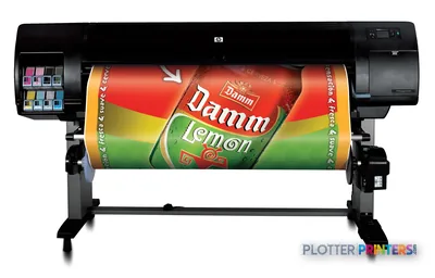 HP Designjet Q6654A large-format printer product image showing the device printing a colorful beverage label