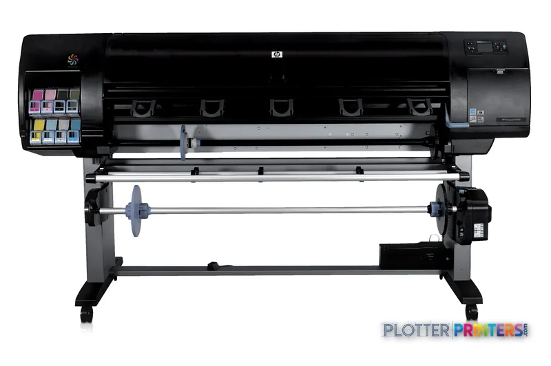 HP Designjet Q6654A large-format printer product image showing front view with ink cartridges and paper feed