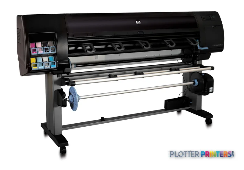 HP Designjet Q6654A large-format printer product image showing black printer head with control panel and dual feed rollers o…