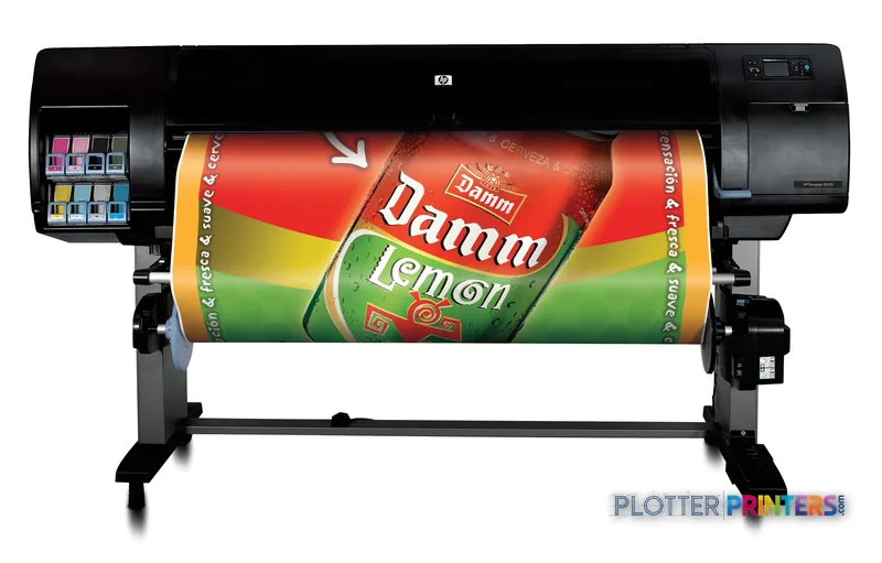 HP Designjet Q6654A large-format printer product image showing the device printing a colorful beverage label