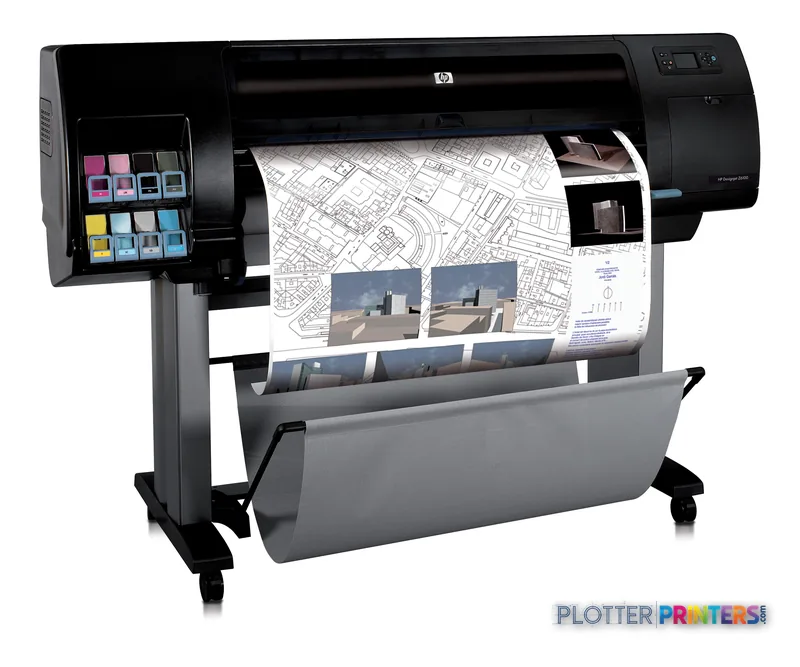 HP DesignJet Z6100ps 42-in Printer product image showing black printer with ink cartridges, outputting architectural and pho…