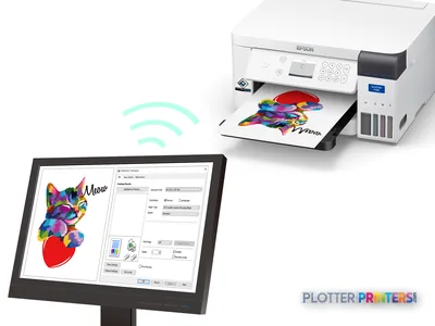Epson SureColor SC-F100 product image showing white inkjet printer with colorful cat artwork printing, connected via Wi-Fi t…