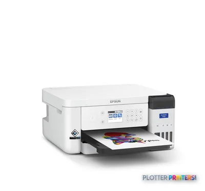 Epson SureColor SC-F100 product image showing white inkjet printer with open output tray displaying colorful printed sample