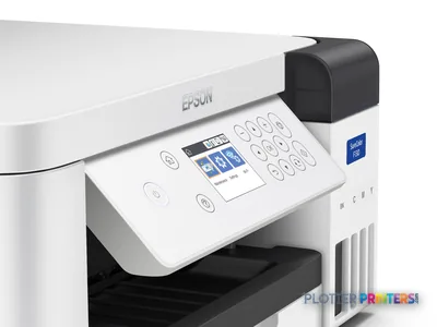 Epson SureColor SC-F100 product image showing white printer with touchscreen control panel and black ink cartridge unit
