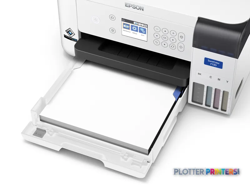 Epson SureColor SC-F100 product image showing white printer with open output tray and ink cartridges