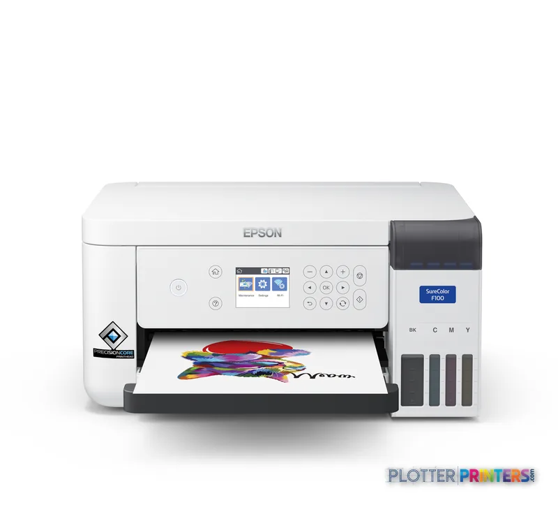 Epson SureColor SC-F100 product image showing white inkjet printer with colorful printed output