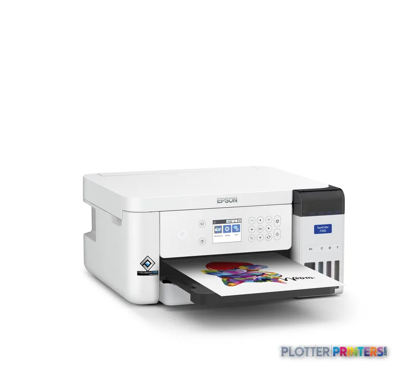 Epson SureColor SC-F100 product image showing white inkjet printer with open output tray displaying colorful printed sample