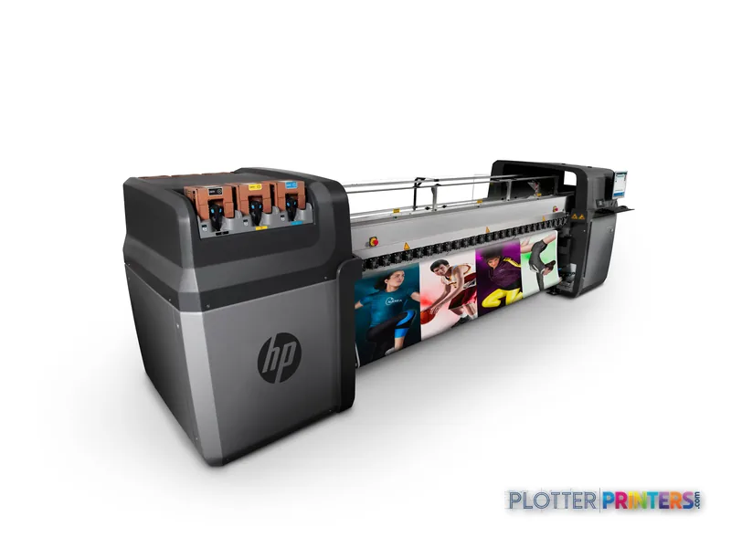 HP Latex 850 industrial printer product image showing front angled view with orange ink cartridges and sample prints