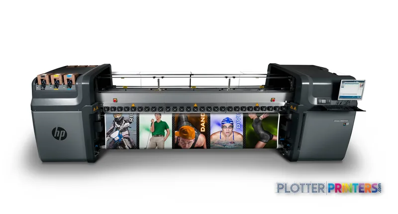 HP Latex 850 industrial printer product image showing front view with printed samples displayed