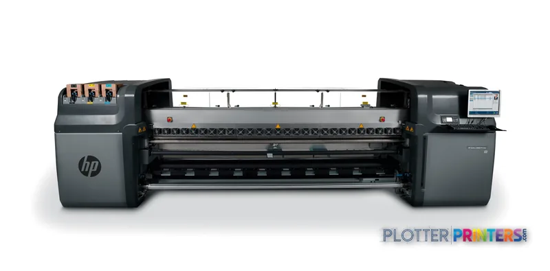 HP Latex 850 Printer front product view showing industrial large-format printer with dark gray housing and white printing de…