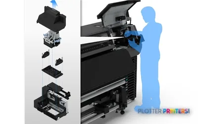 Epson SureColor SC-R5000 product view showing internal components and user operating the printer