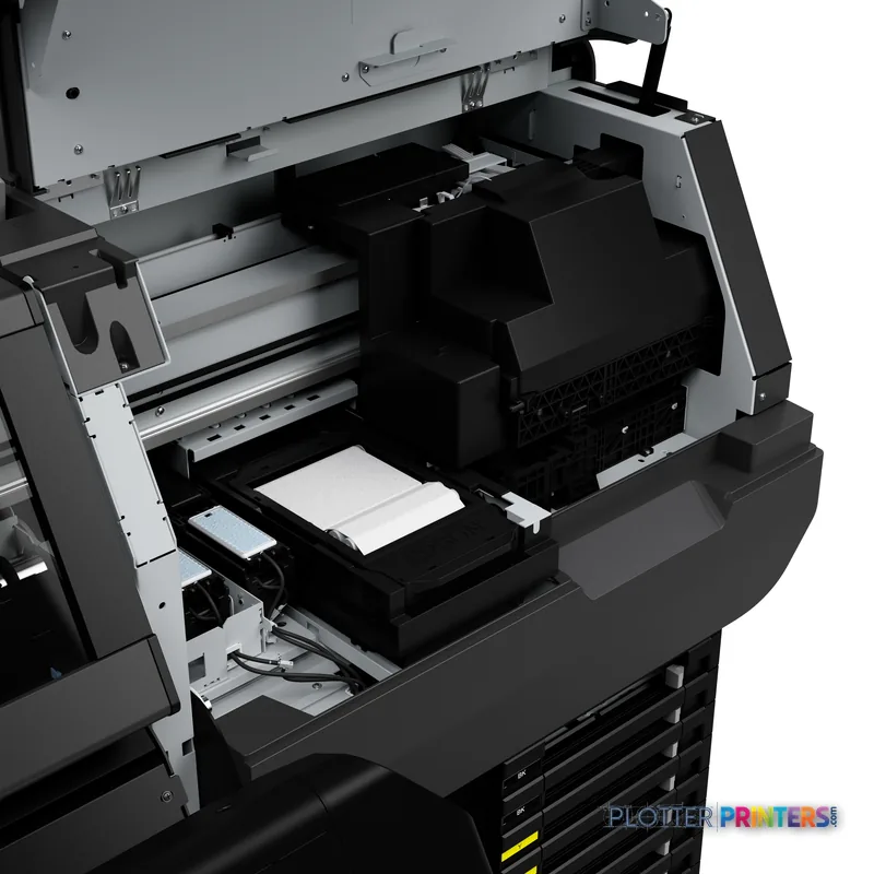 Epson SureColor SC-R5000 product image showing open printer with paper feed tray and internal mechanism visible