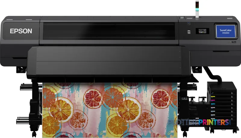Epson SureColor SC-R5000 large format printer product image showing black inkjet printer with colorful citrus fruit print ou…