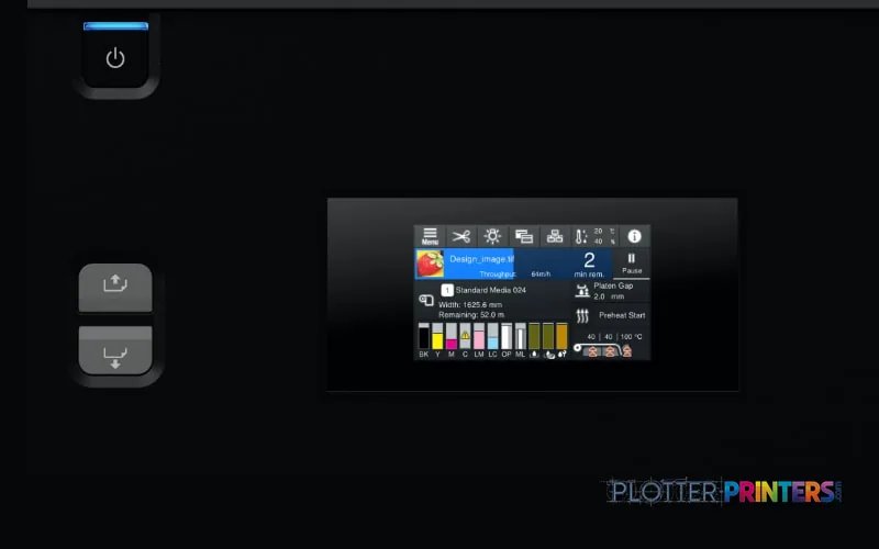Epson SureColor SC-R5000L touchscreen display showing color management and print settings interface