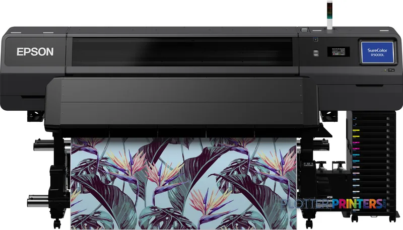 Epson SureColor SC-R5000L large format printer product image showing black inkjet printer with colorful floral print output