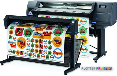 HP Latex 315 Print and Cut Plus Solution front-left view showing two printers with colorful printed sticker designs