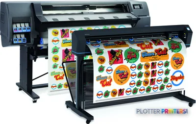 HP Latex 315 Print and Cut Plus Solution front-right view showing printer with integrated cutting unit and colorful printed…