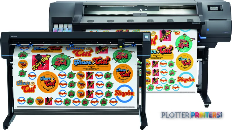 HP Latex 315 Print and Cut Plus Solution front-center view showing two large-format printers with colorful sticker designs