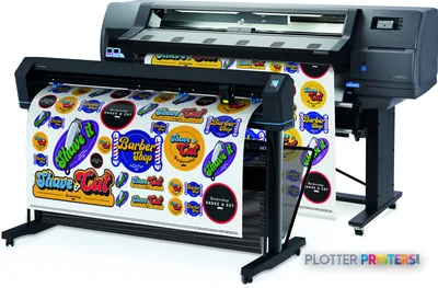 HP Latex 115 Print and Cut Plus Solution front-left view showing two large-format printers with colorful printed stickers an…